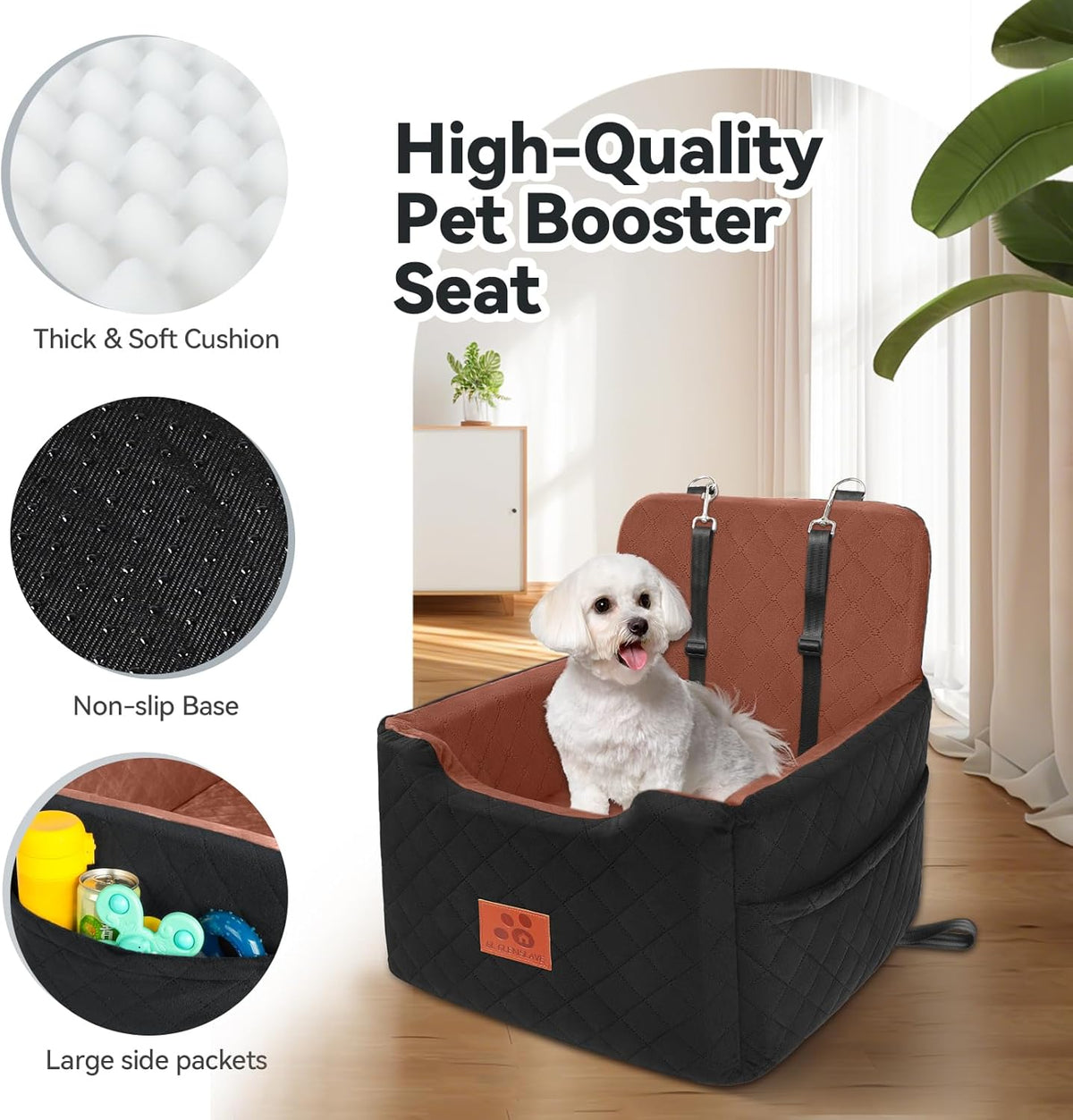 Dog Car Seat for Small/Medium Dogs Under 35lbs,Memory Foam Dog Booster Seats,Detachable and Washable Traval Pet Car Seat, Dogs Bed with 2 Safety Belts(Balck/Brown)