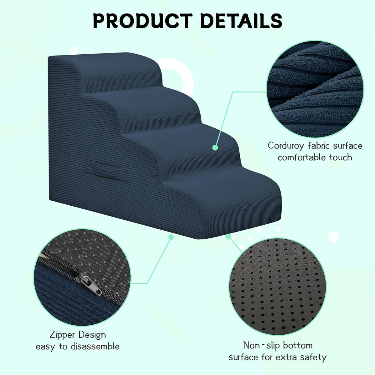 Dog Steps for Small Dogs, 3-Step Pet Ramp Stairs for High Beds and Sofa, Non-Slip Pet Stairs for Small Dogs and Cats, Removable and Easy to Clean Cover, Navy