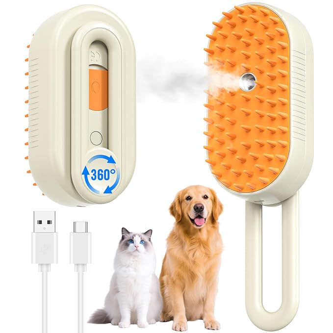 Cat Steam Brush for Shedding, Pet Steam Brush for Cats and Dog, 4 in 1 Rechargeable Cat Hair Brush, Spray Anti-Static, Massage, Cleaning, Shedding & Combing All In One, for Long & Short Haired Pets!