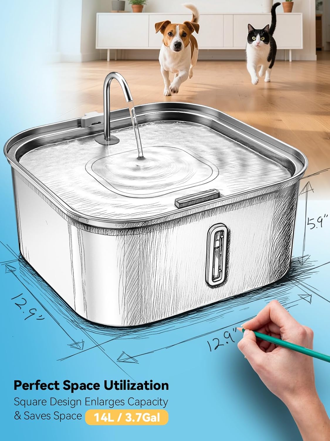 Large Dog Water Fountain 14L/3.7Gal, Stainless Steel Pet Fountain for Large Dogs and Multi-Pets Families, with Visible Window & Extra Wide Drinking Area, Square Design Enlarges Capacity & Saves Space