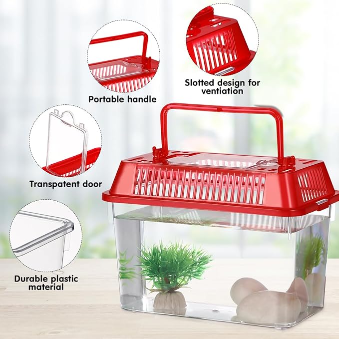 5pcs Small Fish Carrier with Breathable Lids, Portable Betta Fish Tank, Clear Breeding Boxes for Lizard, Turtle, Tarantula（Assorted Color）