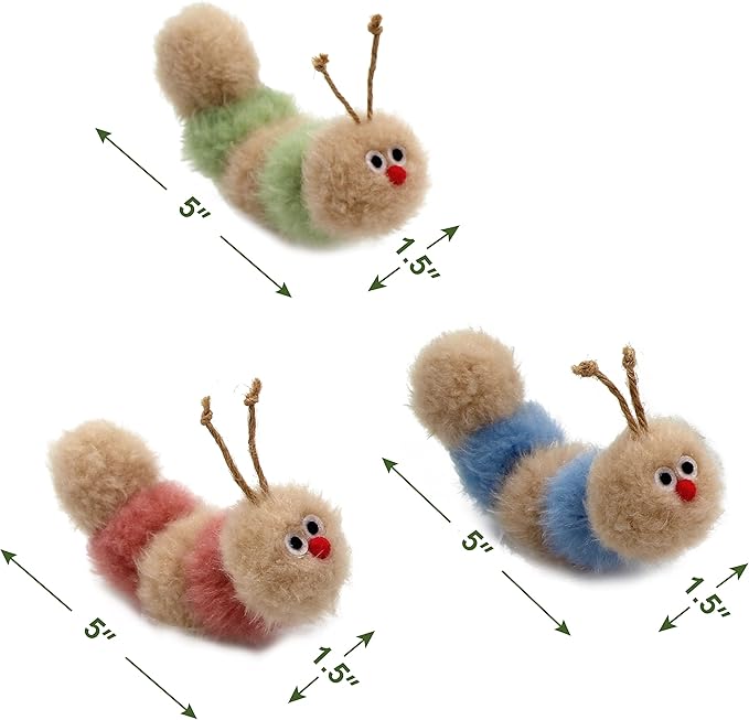 Interactive Natural 3 PK Catnip Toy, with Rattle, Bite Resistant, for All Ages Indoor Cat, Soft Caterpillar Toys, Fluffy Kitten Toy