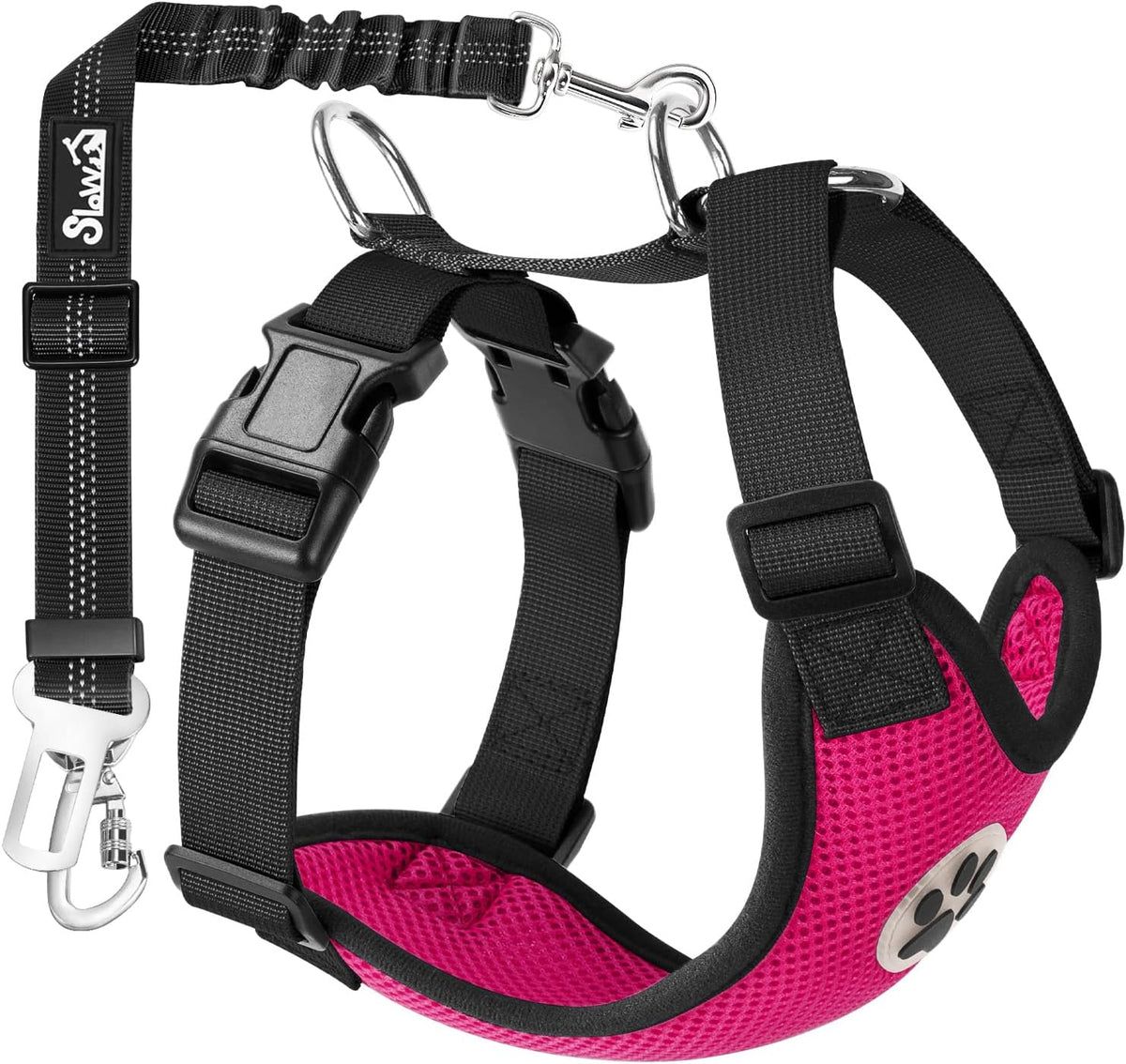 SlowTon Dog Seat Belt Harness for Car, Dog Car Harness Adjustable Mesh Breathable & Dog Seatbelt Safety Tether with Elastic Bungee for Small Medium Large Pets(Fuchsia, Double Clip, M)
