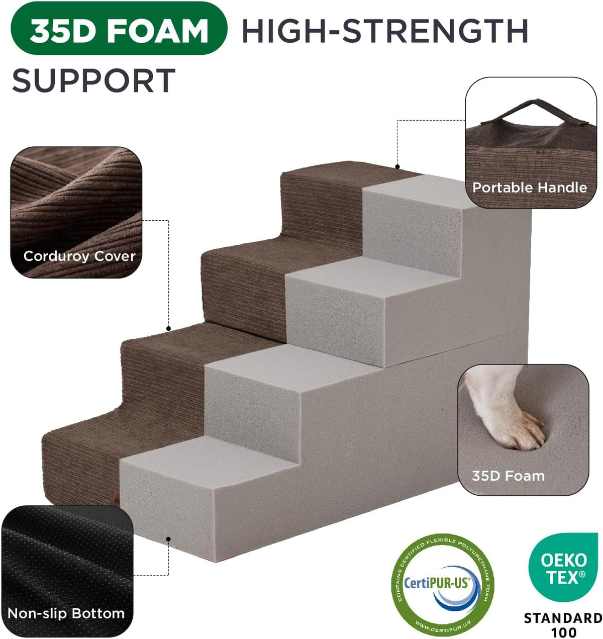 Made4Pets Dog Stairs for High Bed, Extra Wide Pet Stairs for Bed Couch Sofa, 35D Foam Pet Steps for Small Dogs and Cats, Non-Slip Bottom Dog Steps, Brown, 5 Steps