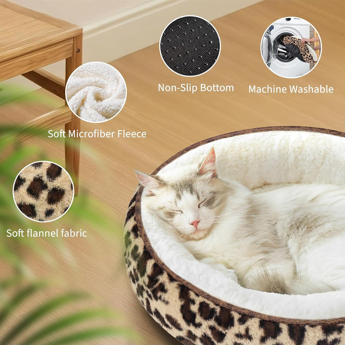 20in Leopard Round Cat Dog Bed Gift for Large Medium Small Dogs Cats, Machine Washable Sleeping Sofa, Non-Slip Bottom Breathable Soft Calming Pet Cuddler for Indoor/Outdoor/Car/Cage