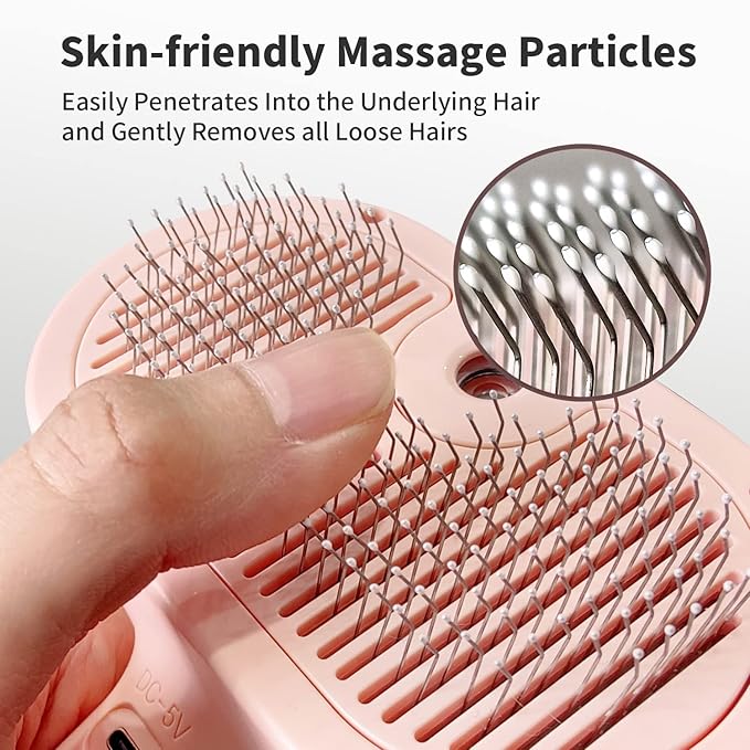 3-in-1 Steam Brush with Release Button and Tank, Anti-Static Pet Brush for Long and Short Hair - Removes Tangles and Loose Hair (Pink)