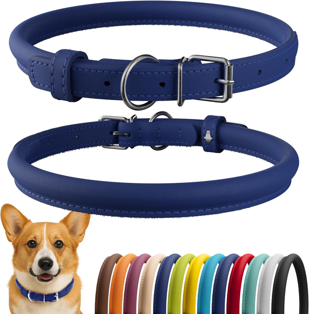 CollarDirect Rolled Leather Dog Collar, Soft Padded Round Puppy Collar, Handmade Genuine Leather Collar Dog Small Large Cat Collars 13 Colors (13-16 Inch, Deep Blue Smooth)