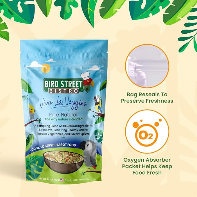 Bird Street Bistro Parrot Food - Parakeet & Cockatiel Food - Cooks in 3-15 min w/ Natural & Organic Grains, Legumes, Non-GMO Fruits, Vegetables & Health-Oriented Spices