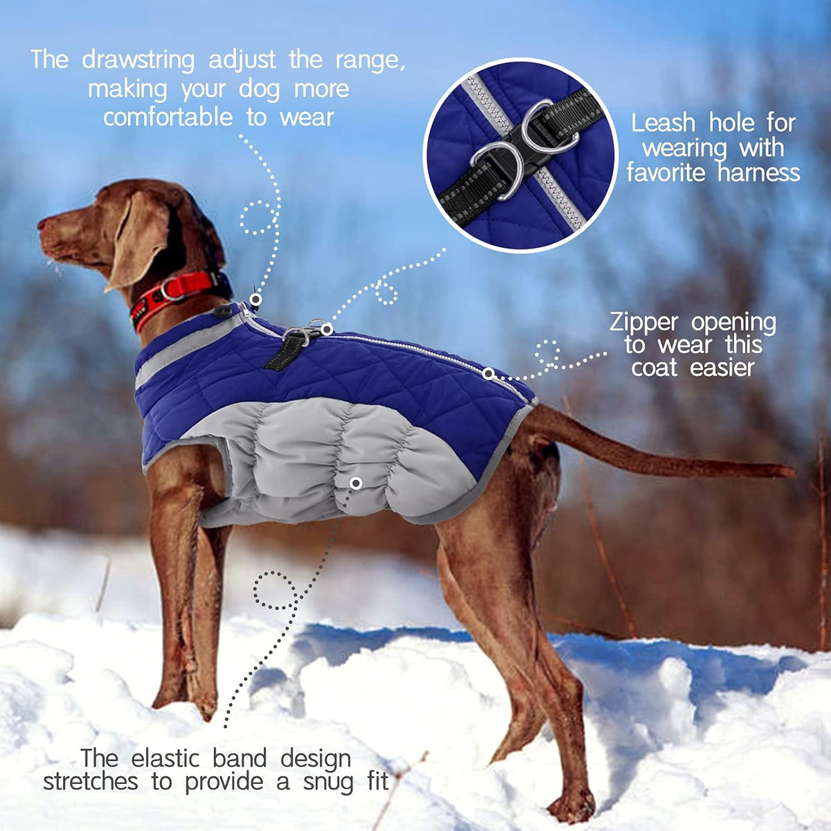 FUAMEY Dog Coat for Large Dogs,Waterproof Dog Winter Jacket with Harness Built in Puppy Cold Weather Coats Reflective Pet Vest with Zipper Warm Fleece Dogs Snowsuit Windproof Blue L