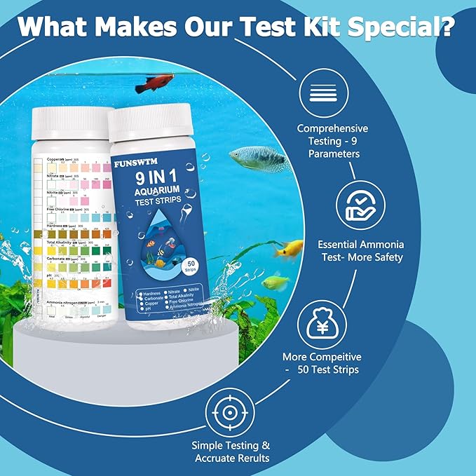 Aquarium Test Strips for Fish Tank: 9 in 1 Aquarium Water Test Kit for Freshwater - 50ct Fish Test Strips Testing Ammonia pH Nitrate Chlorine Nitrite Hardness Alkalinity Copper