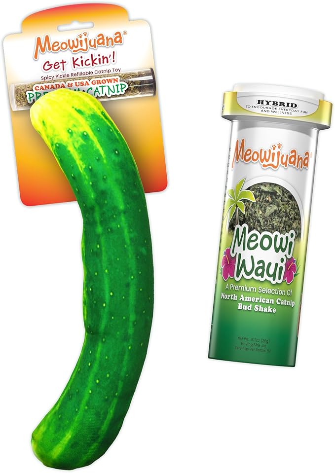 Meowijuana Pickle Bundle | Get Kickin' Refillable Spicy Pickle Toy and Meowi-Waui Catnip | Promotes Play and Cat Health | Includes North American Organic Catnip