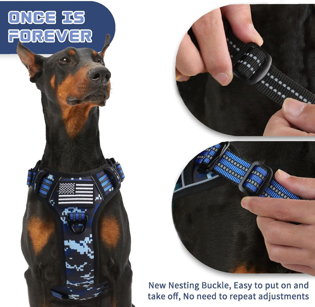 BUMBIN Tactical Dog Harness for Small Dogs No Pull, Famous TIK Tok No Pull Puppy Harness, Fit Smart Reflective Pet Walking Harness for Training, Adjustable Dog Vest Harness with Handle Blue Camo XL