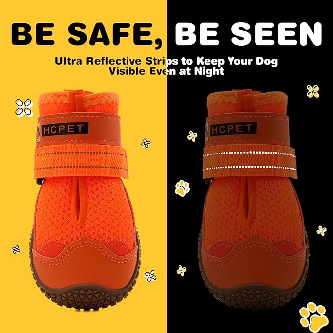 Hcpet Dog Shoes for Large Dogs, Breathable Dog Booties for Small Medium Dogs, Anti-Slip Dog Boots & Paw Protectors for Hot Pavement Winter Snow Hiking with Reflective Straps Orange Size 7