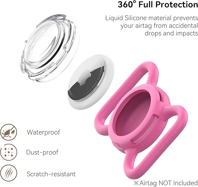 Waterproof Airtag Holder for Dog Collar, Soft Full-Body Protective Airtag Holder for Dog & Cat Collars, Ultra-Durable, Easy Installation, Lightweight Clear Airtag Case (Rose, Large)