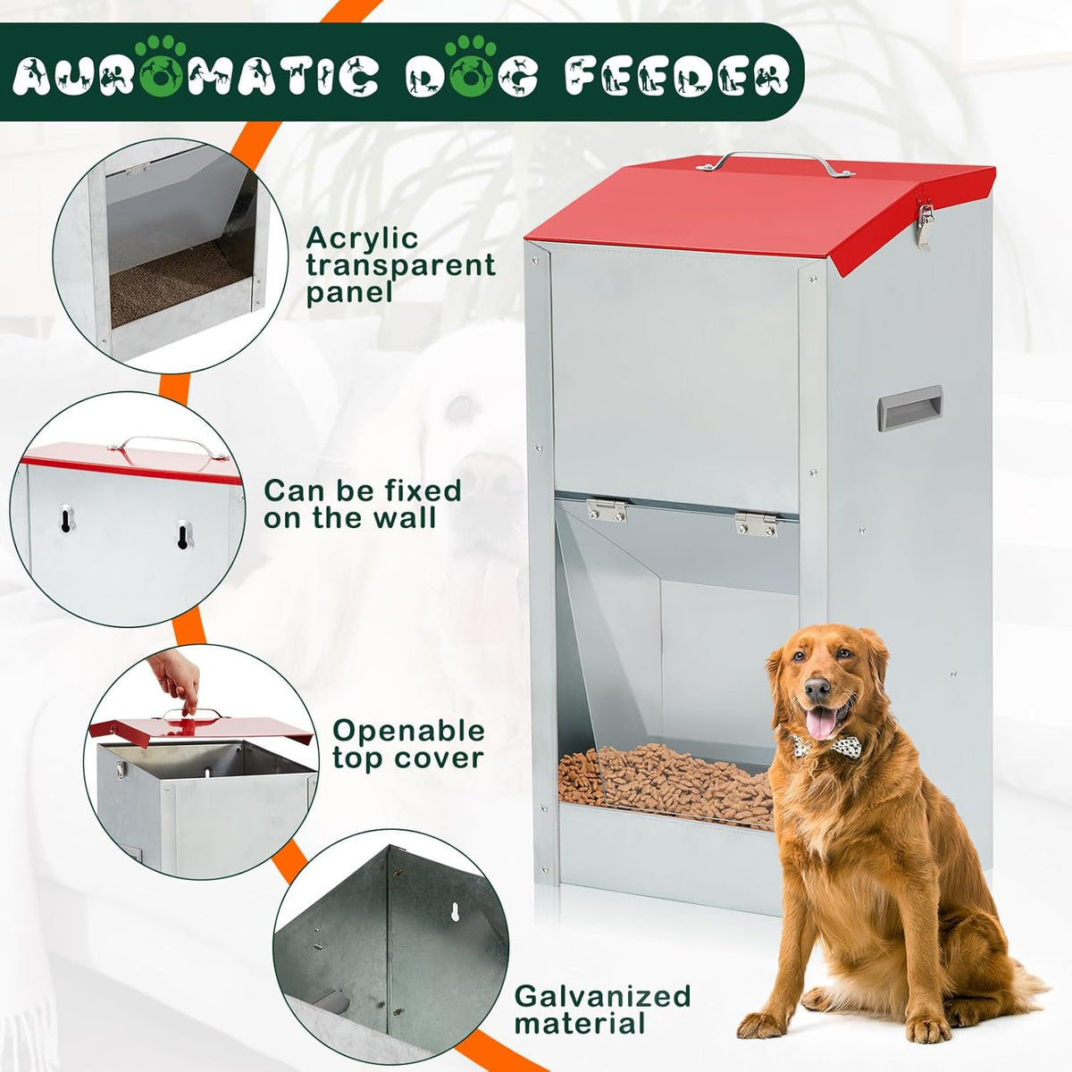 2 Pcs 50 Lbs Large Automatic Dog Feeders with Handle Acrylic Panel Galvanized Gravity Feeder Outdoor Hanging for Doggie Breed Dog Food Dispenser Container(Red)
