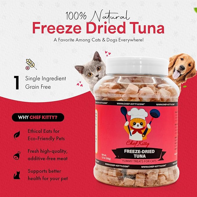 Freeze-Dried Tuna Treats for Cats & Dogs – 100% Wild Caught, Single Ingredient, High-Protein, Healthy Snack – No Additives or Preservatives – 7.4oz - Inspected & Tested in USA