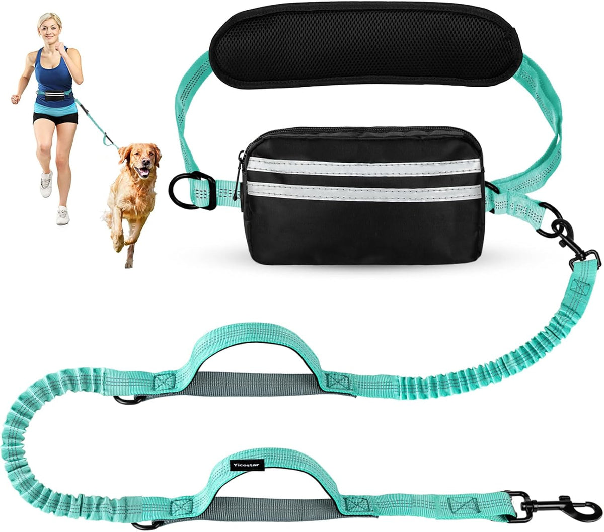 Hands Free Dog Leash, Retractable Bungee with Double Padded Handles, Waist Leash for Dog Walking, Heavy Duty Dog Leash for Medium & Large Dog, Dog Walking Accessories, Green