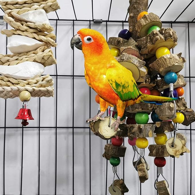 kathson Parrot Chewing Toys Medium Size - Natural Wooden Bird Toys with Colorful Blocks, Sturdy Hanging Bird Cage Accessories for Cockatiels Conure Cockatoos 2 Pack (Style A)