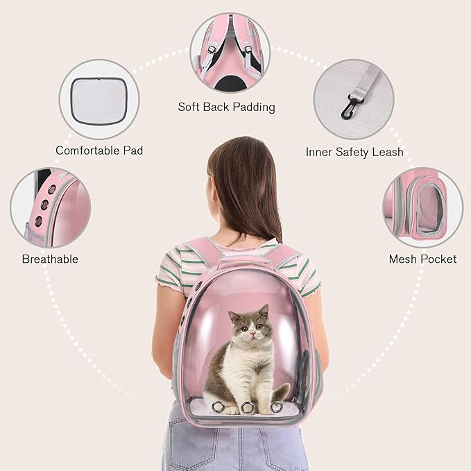Cat Carrier Backpack, Pet Carrier Backpack Front Pack for Small Medium Cat Puppy Dog Carrier Backpack Bag Space Capsule, Airline-Approved Pet Carrier for Travel Hiking Walking Camping (Pink)