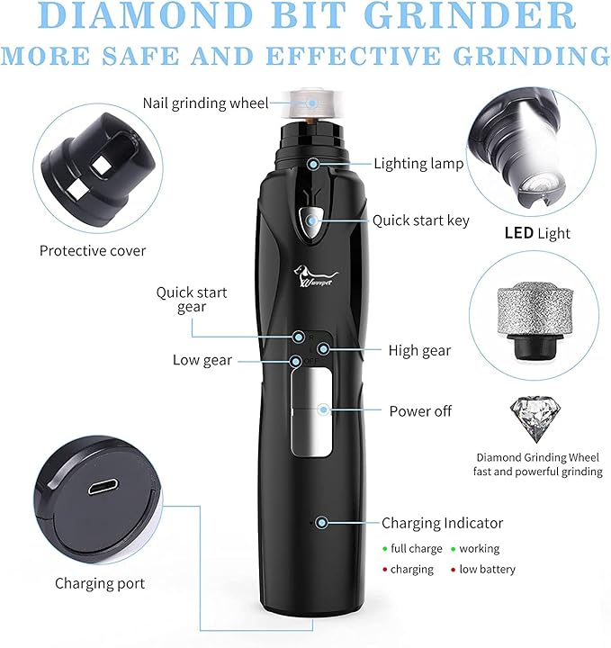 Pet Nail Grinder with LED Light & 2 Grinding Heads, 2-Speed Low Noise & More Powerful Dog Nail Grinder, Pet Nail Trimmer File, Painless Paw Claw Care, Quiet Toenail Grooming Tool for L/M/S Dogs/Cats