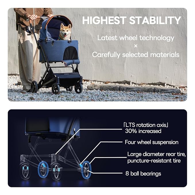 X-Fold Dog Stroller for Small/Medium Dogs up to 55 Lbs, Premium 3 in 1 Pet Stroller, Large All-Terrain Rubber Wheels, Navy Blue