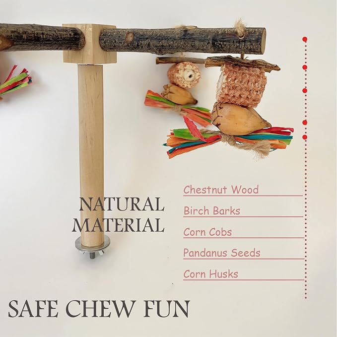 Bird Perch 360° Rotating with Natural Chew Toys - ROOJUNE Bird Toys Cage Accessories- Parrot Wooden Stand for Small and Medium Birds (Parakeets, Budgies, Cockatiels, Conures, Finches)