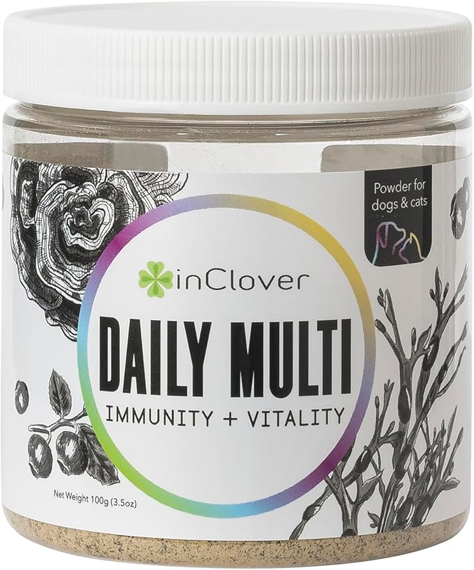 InClover Daily Multi Cat & Dog Vitamin - Canine & Feline Vitality Powder - Immunity Boost with Organic Blueberry, Seaweed, Turkey Tail Mushroom & Postbiotic Fibers - Critical Immune Defense Supplement