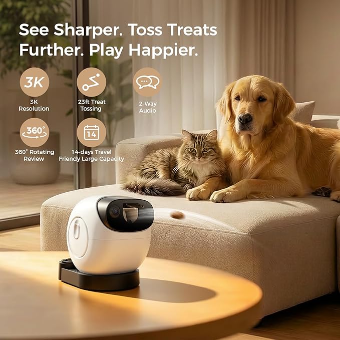 2026 3K Pet Camera Treat Dispenser, 32ft Remote Tossing for Dogs & Cats – Reduces Separation Anxiety, 360° View, Security Indoor Cam w/ Phone App, Barking Alerts, No Subscription, 5G WiFi, Robot M3