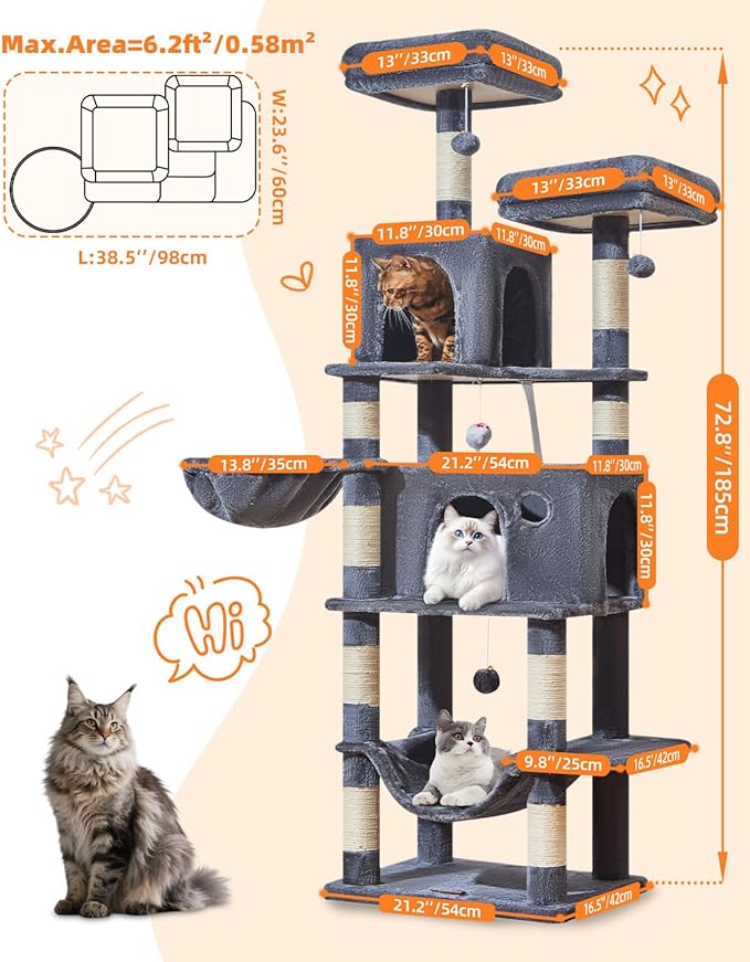 Taoqimiao Large Cat Tree，73-Inch Cat Tree Tower with 9 Scratching Posts for Indoor Cats, 2 Large Cat Condo with Hammock, Hanging Basket, 2 Extended Platform, Smoky Gray MS013XLG