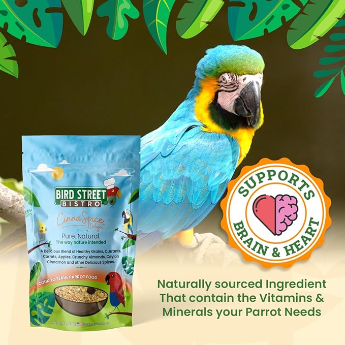 Bird Street Bistro Parrot Food for Parakeets & Cockatiels - CinnaSpice - 24 oz - Cooks in 3-15 min, Natural & Organic Grains, Fruits & Vegetables - USA Made