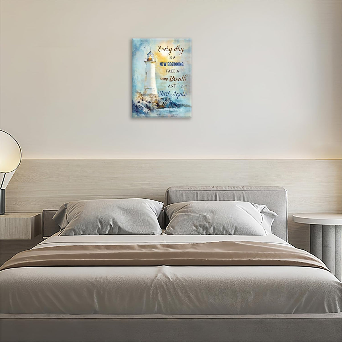 Ocean Lighthouse Pictures Wall Art, Coastal Nautical Bathroom Wall Decor Every Day is a New Beginning Motivational Quote Framed Painting Canvas Artwork for Bedroom Living Room Decorations 20"L x 16"W