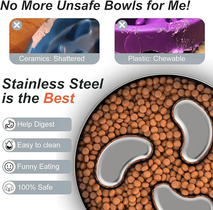 Slow Feeder Dog Bowl, 1Cups Stainless Steel Maze Bowl for Small Breeds, Non-Slip Base, Double Wall Food Grade Metal Dog Dish to Slow Eating