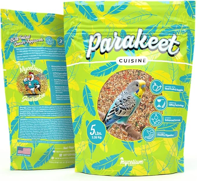 Mycelium Parakeet Cuisine Bird Food (5 LB Bag) | Organic, Nutritious Parakeet Feed with Real Fruits, Veggies & Vitamins | Supports Digestion & Daily Energy | Non-GMO, Filler-Free, Made in USA