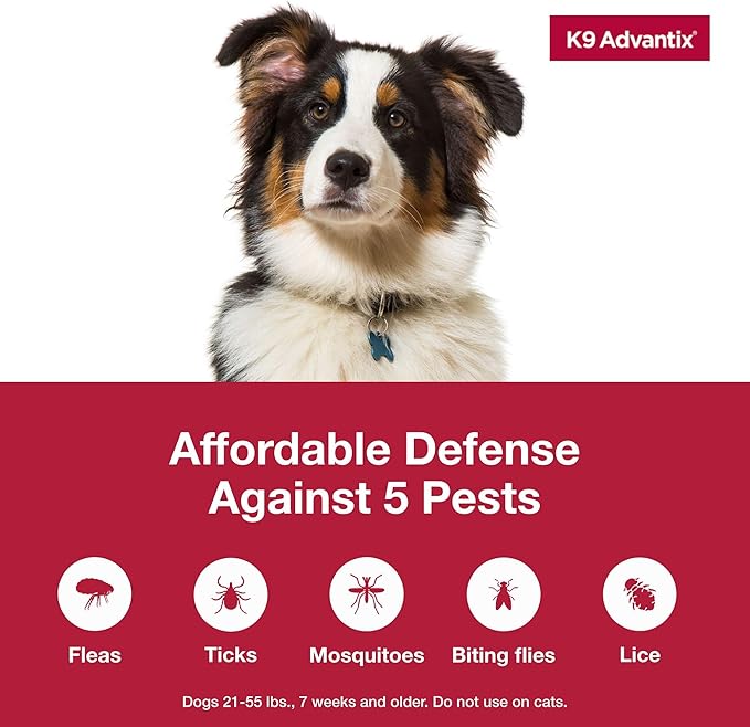 K9 Advantix Flea, Tick & Mosquito Prevention for Dogs 21-55 lbs. | Flea Drops for Large Dogs | Apply Monthly | 4 Treatments (Pack of 2)