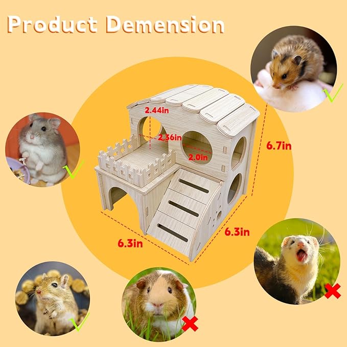 Hamster Wood House Wooden Hamster Hideout Maze Double-Decker Huts with Climbing Ladder for Syrian Dwarf Gerbil Mouse