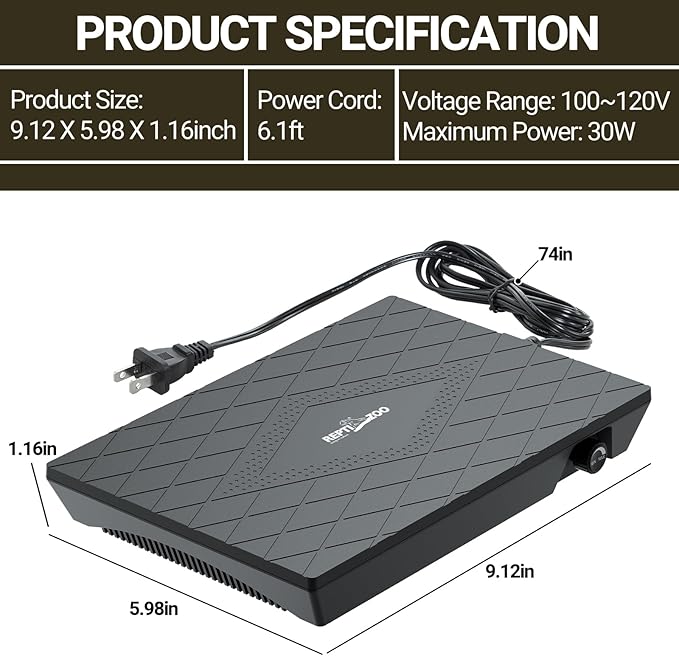 REPTI ZOO Reptile Heat Panel Adjustable Temperature Reptile Heating Plate, Non-Light Heating Solution with Expanded Heating Range for Hermit Crabs/Leopard Geckos/Turtles/Snakes/Lizards