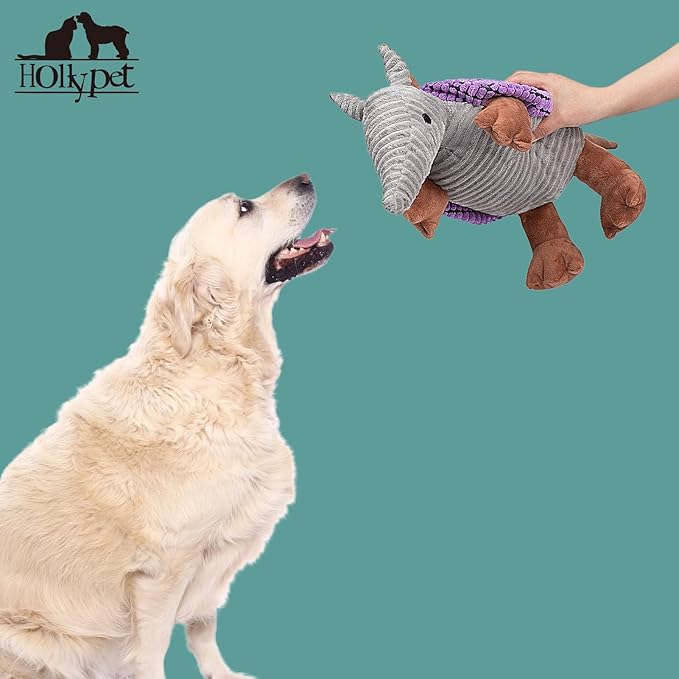Hollypet Plush Dog Squeaky Toy Stuffed Armadillo Animal Pet Puppy Chew Toys with Clean Teeth for Small Medium Large All Breed Sizes Dogs, Purple, 14 in