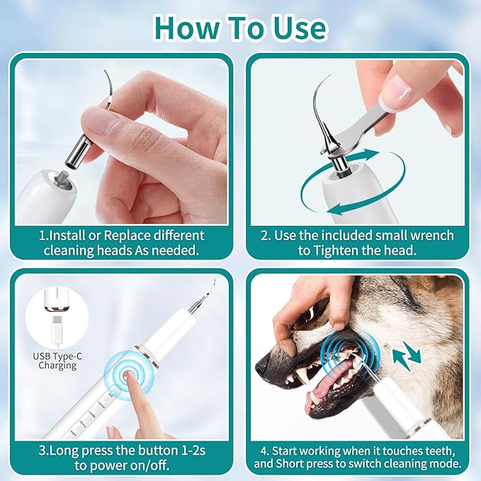 Dog Plaque Tartar Remover, Electric Toothbrush Teeth Cleaner Dental Care Kit for Dogs Cats- 5 Modes LED IPX6 Waterproof Auto-Stop Gum Protection USB Charge, 3 Brush Heads, Pet Teeth Cleaning Tools