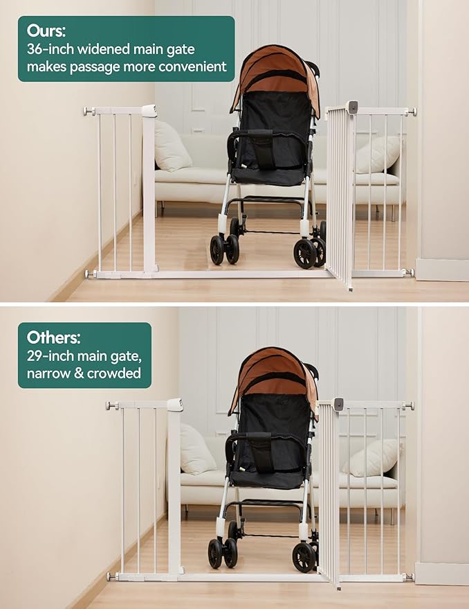 Babelio 36-57" Extra Wide Baby/Dog Gate, Auto Close with Large Walk Thru Door,Safety for Pet, House, Stairs and Doorways, Pressure Mounted for Chlid, White