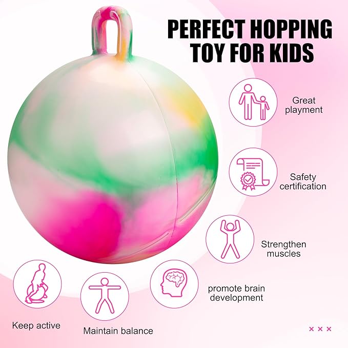 INPODAK Hopper Ball 20 Inch Bouncy Ball with Handle for Kids, Hippity Hop Jumping Bounce Hopping Toy for Boys Girls Ages 5-9 with Pump and Gift Box Great Gift for Birthday Holiday (Pink)