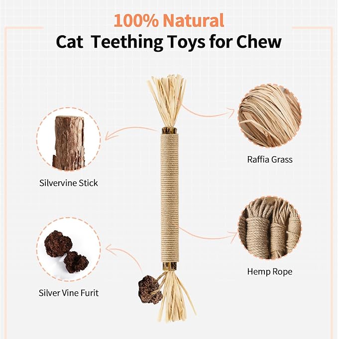 Cat Toys, 6 Silvervine Chew Sticks & 1PCS Organic Catnip & 1PCS Silvervine Powder, Cat Dental Toys for Kitten Teeth Cleaning, Matatabi Cat Toy