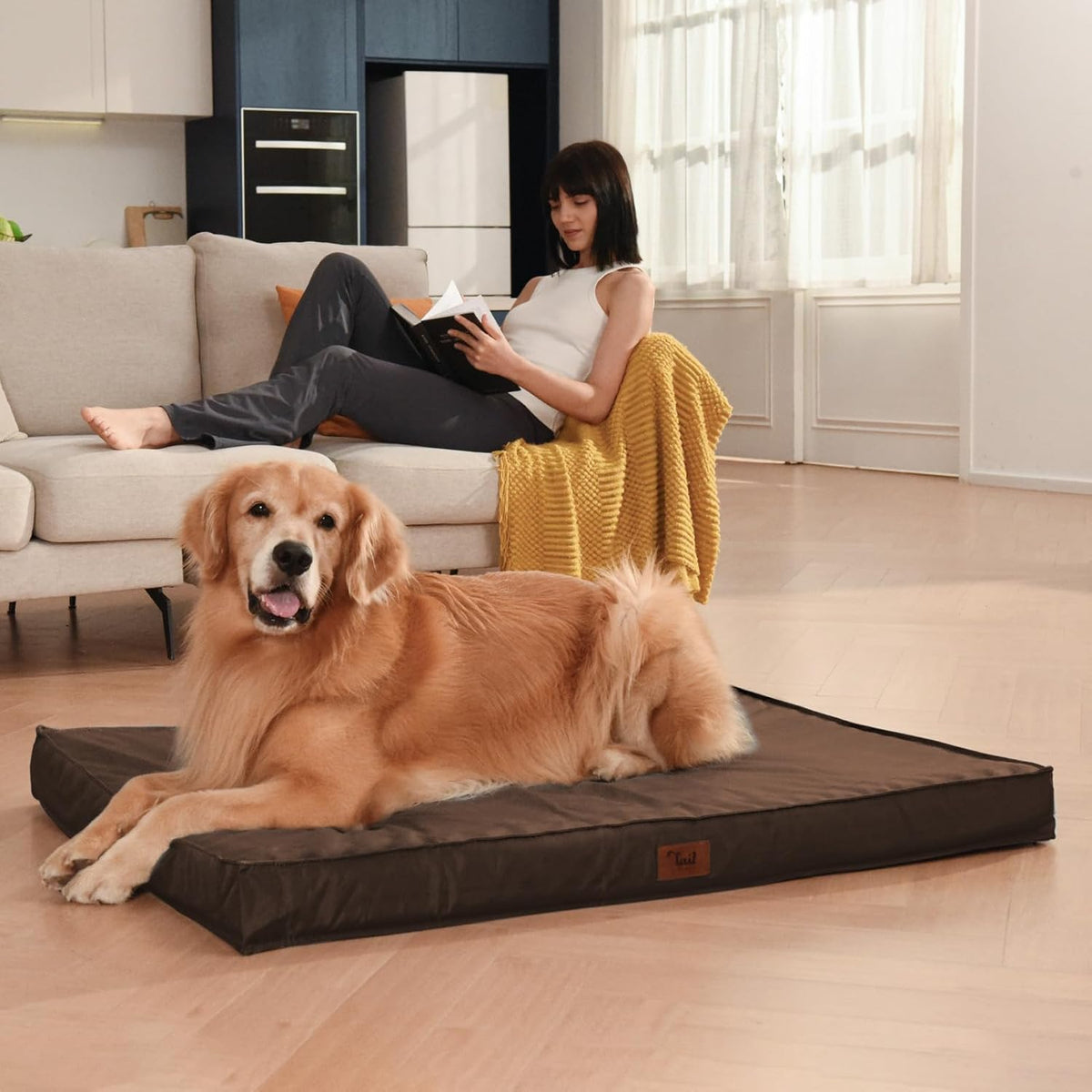 Outdoor Dog Bed Waterproof, Outside Cooling Dog Bed for Medium Dogs, Orthopedic Egg Foam Pet Bed with Removable Washable Oxford Cover, Brown