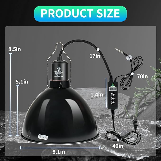 Reptile Light Fixture with Dimming Thermostat, 8.5 Inch Deep Dome Light Fixture with Timer, Reptile Aluminum Dome Fixture for Basking/Heat/UVA/UVB Lamp Bulb