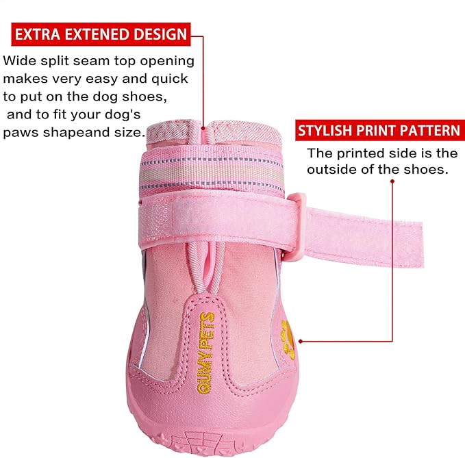 QUMY Dog Shoes for Large Dogs, Medium Dog Boots & Paw Protectors for Winter Snowy Day, Summer Hot Pavement, Waterproof in Rainy Weather, Outdoor Walking, Indoor Hardfloors Anti Slip Sole Pink 2