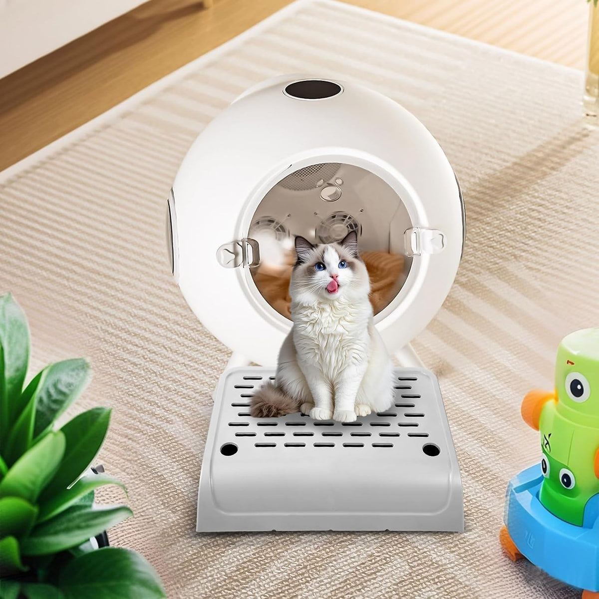 Cat Ramp for Litter Box Step, Stainless Steel Automatic Litter Box Ramp Cat Steps Mat with Filter Function, Double Layered Self Cleaning Cat Stairs with Storage Space for Litter Catcher (Grey)