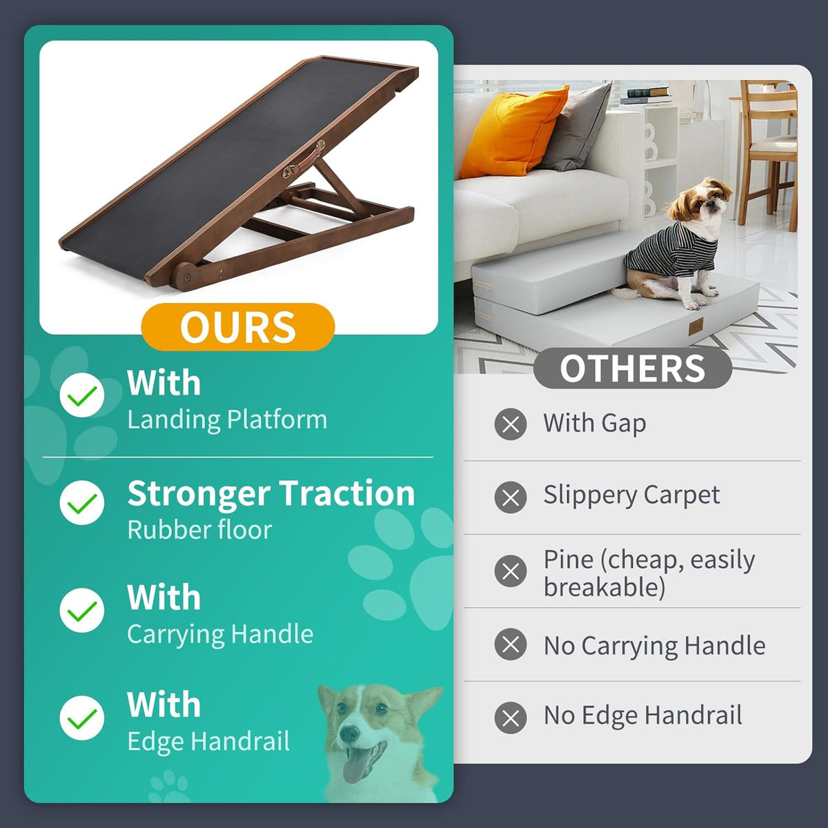 Dog Ramp, Adjustable Height Wooden Folding Pet Ramp for Bed, Couch,SUV-High Traction, Portable Paw Ramps for Small & Large Old Dogs & Cats - Furniture Quality