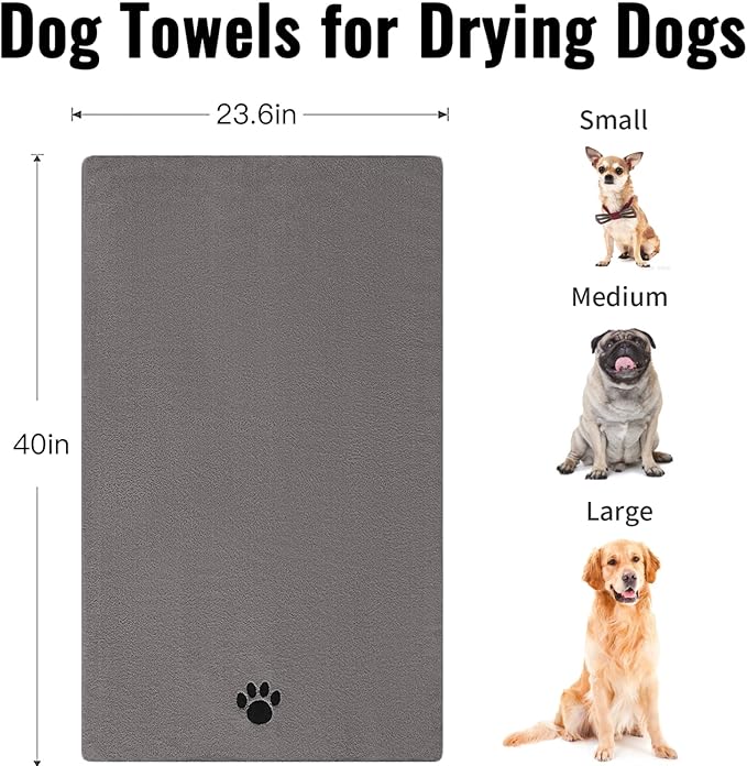 Microfiber Dog Towels for Drying Dogs, Super Absorbent and Soft Pet Grooming Towel, 40 Inch X 23.6 Inch, Perfect Dog Shower & Bath Supplies for Large, Medium or Small Dogs, Grey