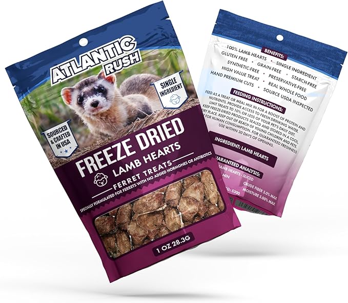 Atlantic Rush Freeze Dried Small Pet Treats - Resealable Bag of Turkey Heart Treats for Ferrets - Ferret Snacks - Single Ingredient Ferret Food with No Preservatives Or Fillers- Small Animals Treats