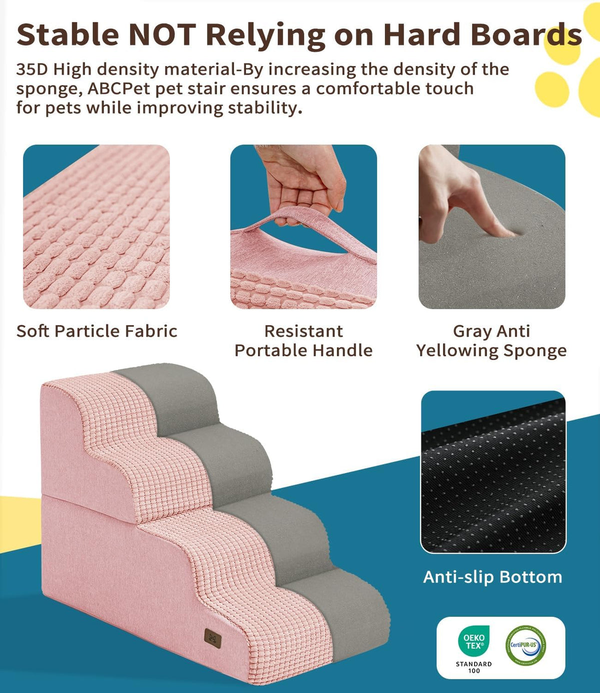 Dog Step for Bed, Dog Stair 4-Step 35D Pet Stair 19.7" H for High Bed or Sofa Non-Slip Balanced Pet Step Indoor, Pink