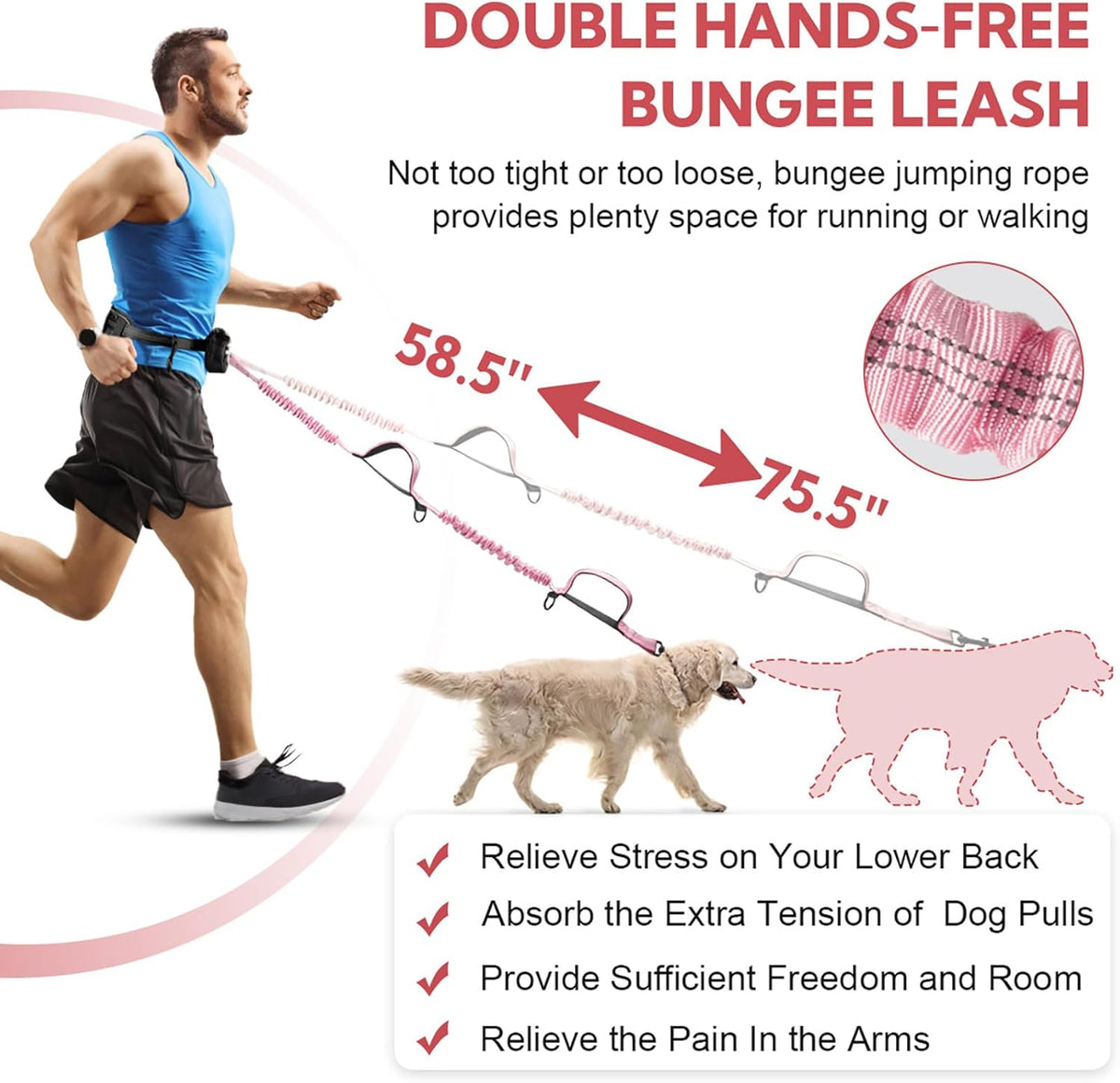 Hands Free Dog Leash, Adjustable Waist Belt with Double Padded Handles, Retractable Bungee for Medium & Large Dogs, Waist Leash for Dog Walking, Running, No Pull, Pink